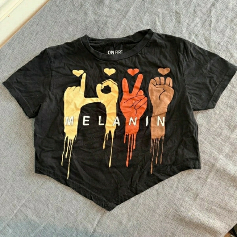On Fire Black Cropped Tee with Melanin Hand-Prints GUC